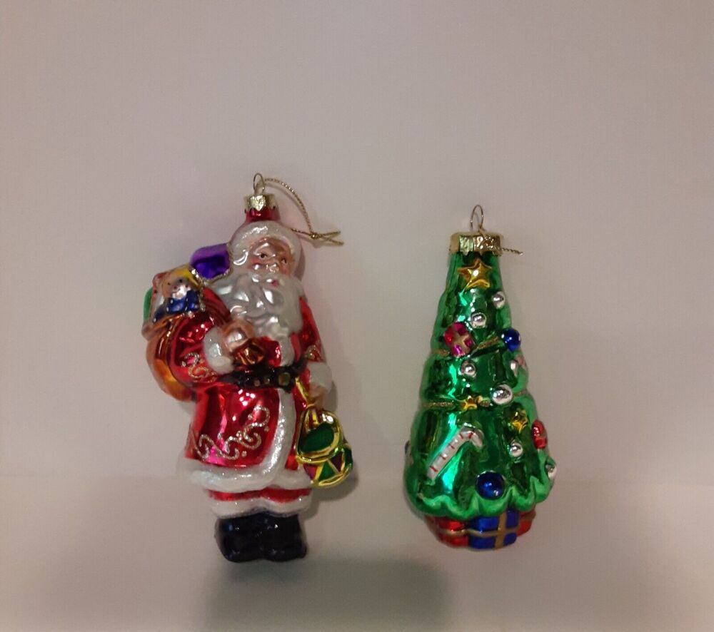 Vintage Glass Christmas Tree And Santa Ornaments